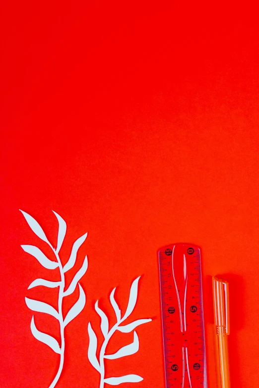 a pair of scissors sitting on top of a piece of paper, poster art, inspired by Alexander Calder, trending on pexels, flame ferns, red room, coral red, plant forest in glass tubes