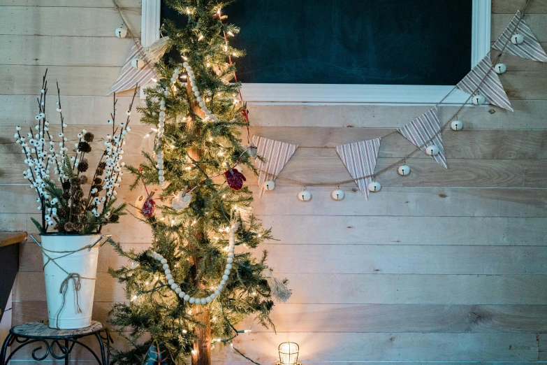 a small christmas tree sitting in front of a window, inspired by Ernest William Christmas, pexels, light and space, wood paneling, purple accent lighting, gold and pearl necklaces, dressed in a worn