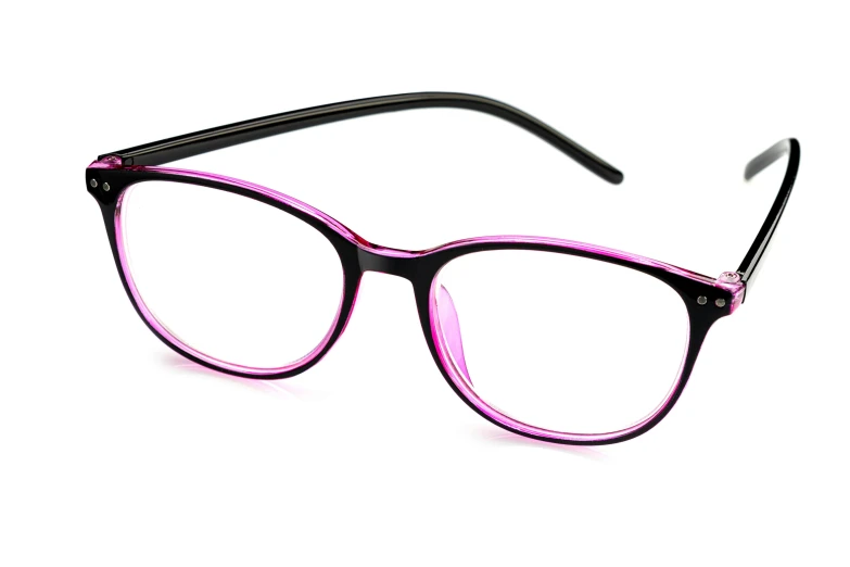 a pair of glasses on a white background, by Joe Bowler, pink and black, enlightening, h 9 6 0, purple