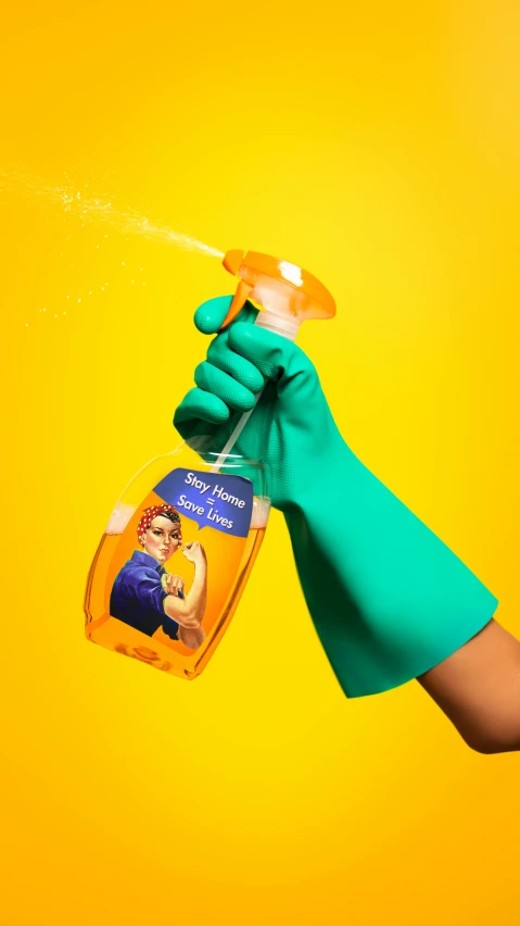 a person in green gloves holding a spray bottle, pexels, pop art, instagram post, glossy yellow, vintage photo, transparent goo