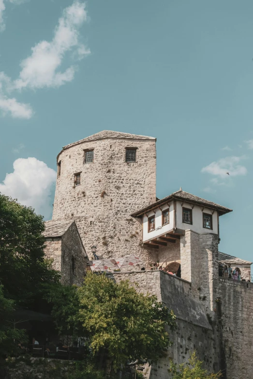 a castle sitting on top of a lush green hillside, an album cover, pexels contest winner, romanesque, view from the street, rounded roof, taras susak, exterior view
