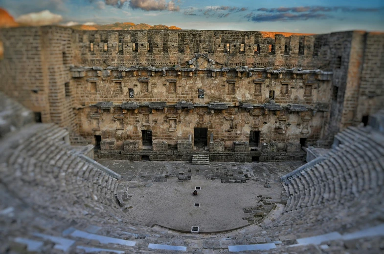 a panoramic view of a roman ampule, a tilt shift photo, by Ibrahim Kodra, pexels contest winner, photorealism, theatre stage, white travertine terraces, bargello, youtube thumbnail