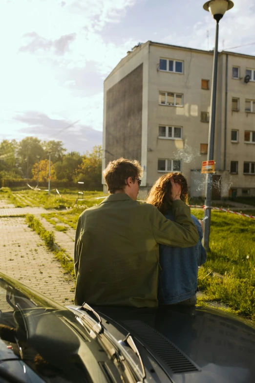 a man and a woman sitting on the back of a motorcycle, by Tobias Stimmer, happening, outdoors ruined cityscape, sunlights, lovers, high school