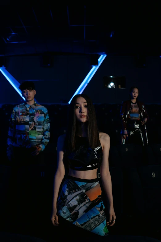 a group of people standing in a dark room, inspired by Zhu Da, wearing futuristic clothing, bright sky, shot with sony alpha, k-pop