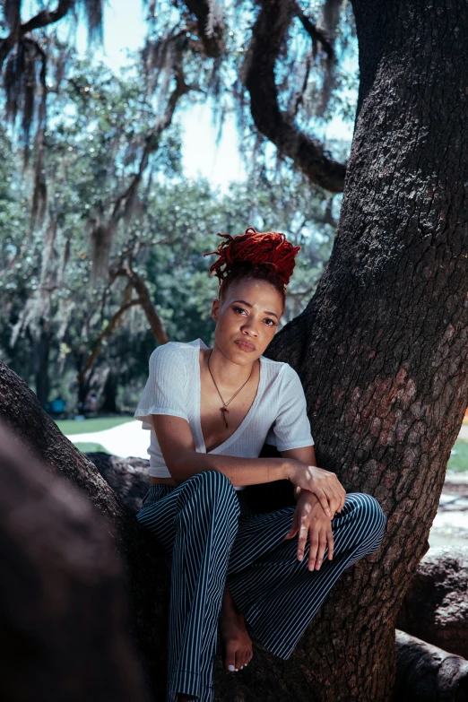 a woman with red hair sitting in a tree, ashteroth, in savannah, androgynous male, promo photo