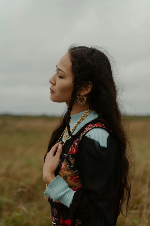 a woman with long hair standing in a field, inspired by Kim Tschang Yeul, trending on pexels, visual art, native rich jewelry, side profile centered portrait, concert, overcast