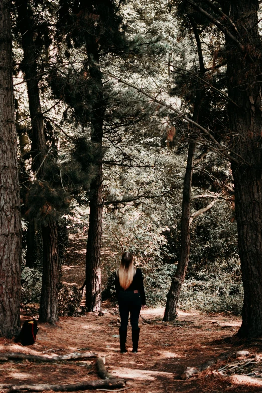 a person standing in the middle of a forest, walking away from the camera, ((trees)), girls, black