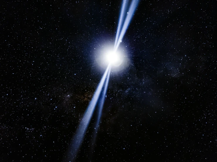 a bright star shines brightly in the night sky, an illustration of, by Joe Bowler, light and space, pulsar, gemini, close - up photograph, beams
