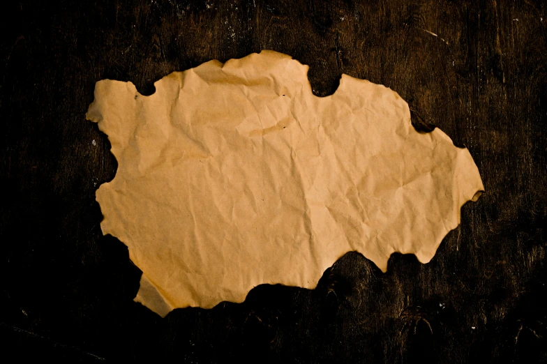 a piece of paper sitting on top of a wooden table, by Adam Marczyński, trending on unsplash, process art, leathery, brown background, map, wrinkled skin