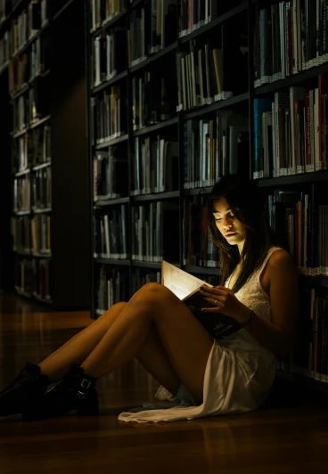 a woman sitting on the floor reading a book, a portrait, unsplash contest winner, dark library, flashing lights, asian women, alana fletcher