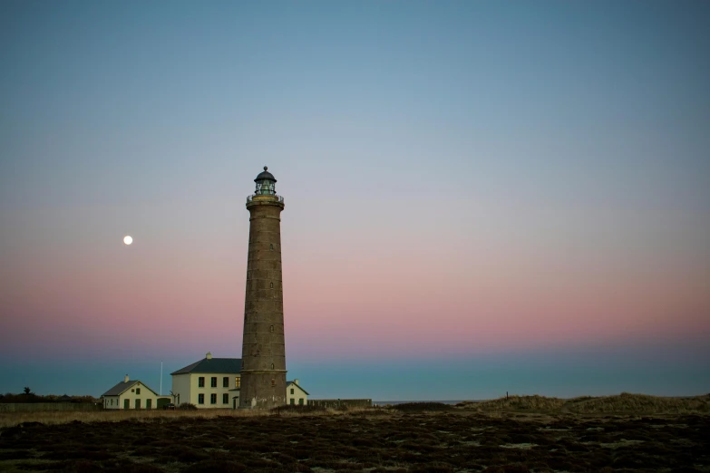 a lighthouse sitting on top of a sandy beach, by Johan Lundbye, pexels contest winner, minimalism, giant pink full moon, square, nordic pastel colors, orkney islands