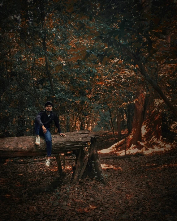 a man sitting on a bench in the woods, an album cover, pexels contest winner, full body photo, on a table, ((forest)), indian forest