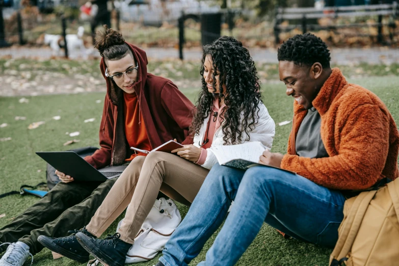 a group of people sitting on top of a grass covered field, trending on pexels, academic art, nerds, sitting on a park bench, diverse, three