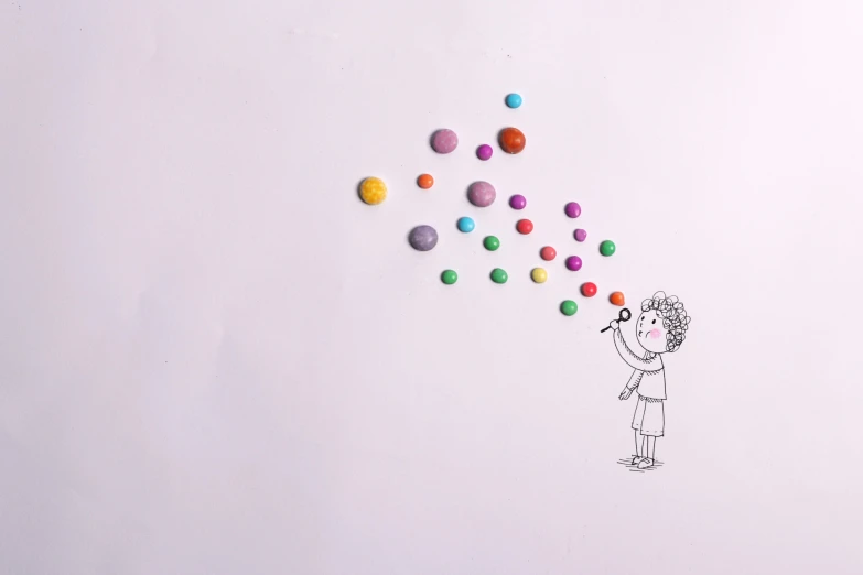 a drawing of a child playing with colored balls, inspired by Michael Leunig, pexels, kinetic pointillism, made out of sweets, stop motion character, minimalissimo, blowing bubblegum