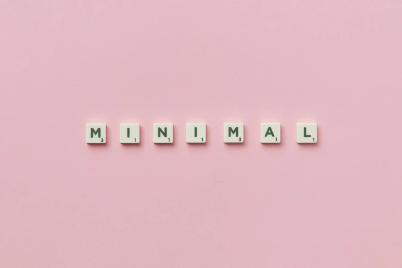 the word minimal spelled in scrabbles on a pink background, a minimalist painting, trending on unsplash, minimalism, small animals, roman numerals, mina petrovic, formulae
