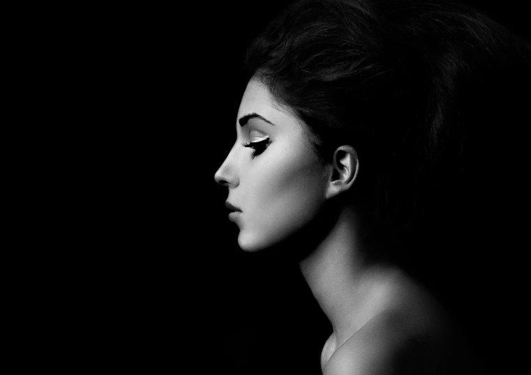 a black and white photo of a woman, a black and white photo, inspired by irakli nadar, profile posing, portrait of lady gaga, portrait. 8 k high definition, sideburns