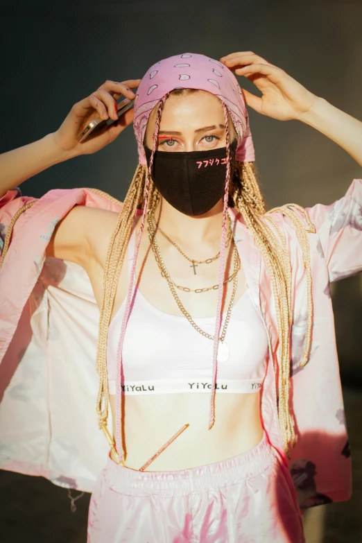 a woman with dreadlocks and a face mask, an album cover, inspired by Hedi Xandt, trending on pexels, aestheticism, bra and shorts streetwear, lalisa manoban of blackpink, ((pink)), visor covering eyes