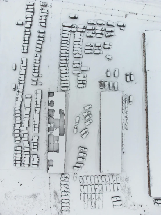 an aerial view of a parking lot covered in snow, by Adam Marczyński, auto-destructive art, pbr materials, rusty vehicles, square, 000 — википедия