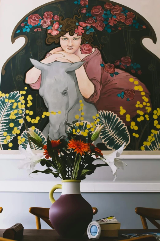 a vase filled with flowers sitting on top of a table, an art deco painting, inspired by Eugène Grasset, guy with horse head, at home, phil noto and james jean, photo in style of paola kudacki