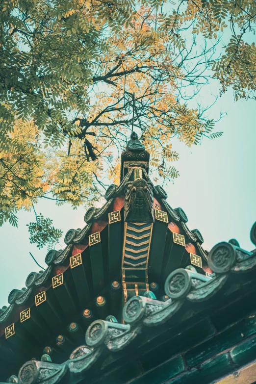 a close up of a roof with a tree in the background, inspired by Itō Jakuchū, unsplash contest winner, guan yu, gold and teal color scheme, china town, lead - covered spire