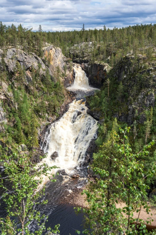 a large waterfall in the middle of a forest, by Eero Järnefelt, hurufiyya, quebec, high-angle, mills, ravine