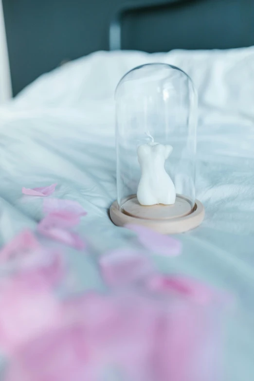 a bed with a glass dome on top of it, a marble sculpture, inspired by Eero Järnefelt, unsplash, romanticism, drooping rabbity ears, soft bloom lighting, 35 mm product photo”, small