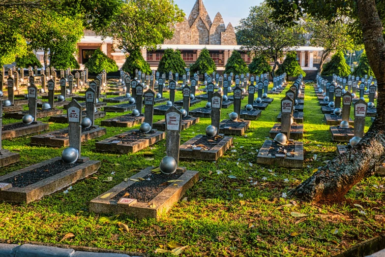 a cemetery filled with lots of tombstones and trees, by Alexander Fedosav, bali, fan favorite, rows of canteen in background, hdr photo