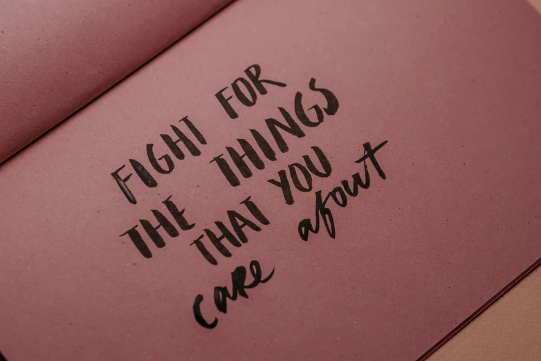 a pink book with the words fight for things that you can't care, trending on pexels, caligraphy, quotev, supportive, brown