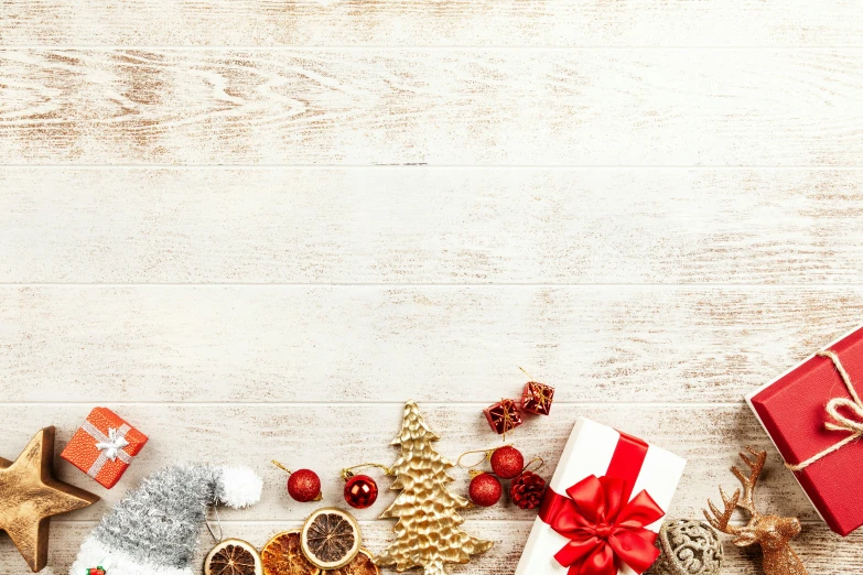 a wooden table topped with christmas decorations and presents, 15081959 21121991 01012000 4k, red white background, square, background image