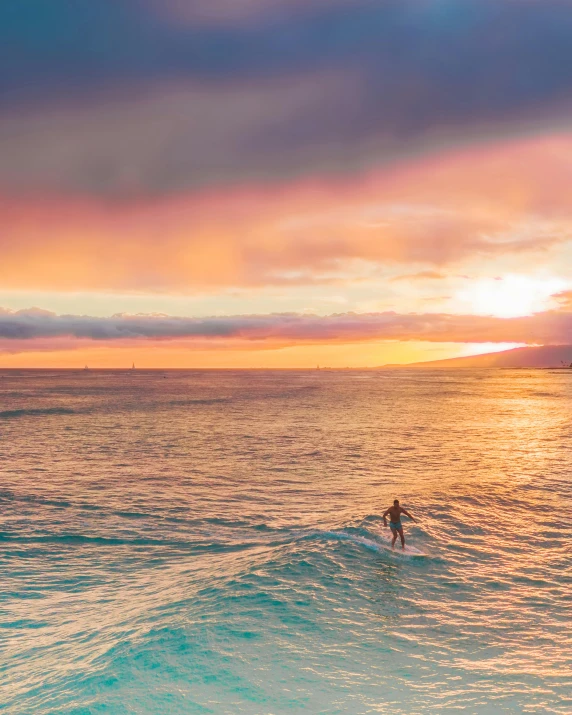 a man riding a wave on top of a surfboard, by Robbie Trevino, pexels contest winner, renaissance, sunset panorama, rainbow tubing, waikiki beach, flatlay