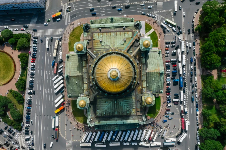 an aerial view of a large building with a golden dome, inspired by Anna Füssli, pexels contest winner, berlin secession, a car, square, hyper - detailed color photo, saint petersburg