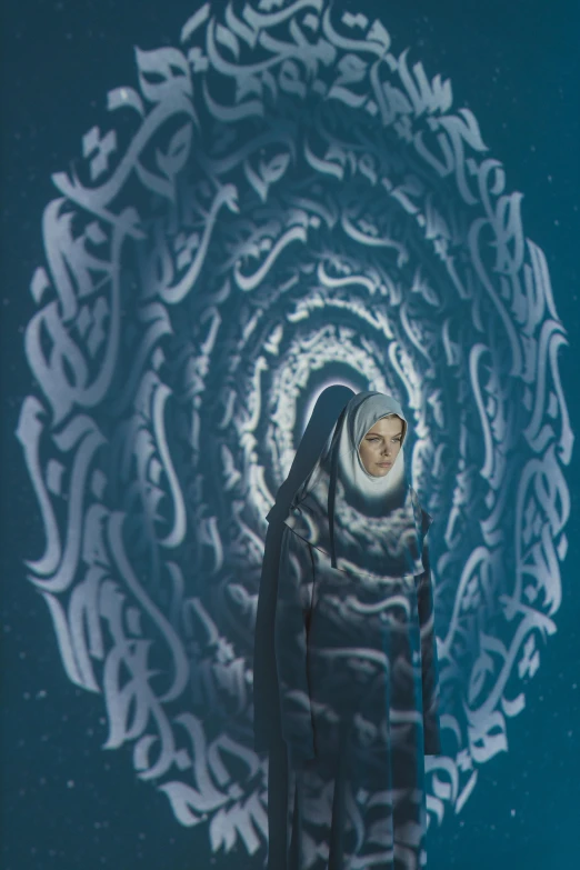 a woman standing in front of a painting, poster art, inspired by Taravat Jalali Farahani, unsplash contest winner, an evil nun, infinite fractal mandala tunnel, frozen, [ theatrical ]