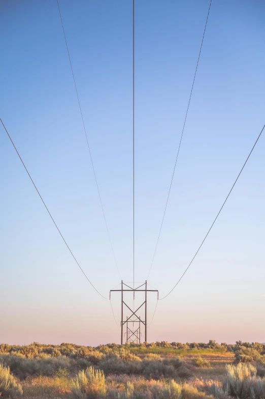 a couple of power lines in the middle of a field, by Neil Blevins, postminimalism, sunrise colors, low detailed, square lines, clear sky