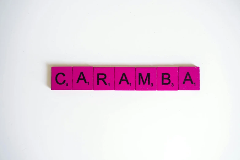 a pink wooden block with the word caramba written on it, limbo, thumbnail, set against a white background, on a canva