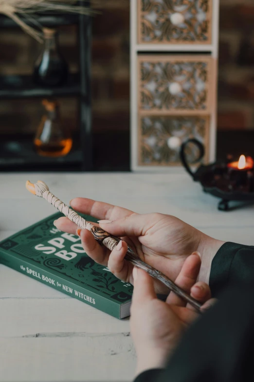 a person reading a book on a table, holding the elder wand, sage smoke, full product shot, holding a snake