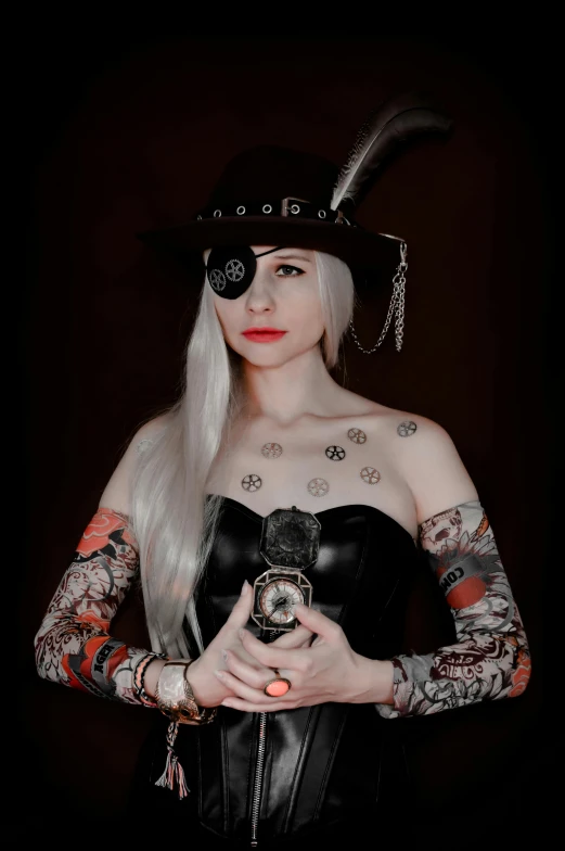 a woman in a black corset holding a gun, a character portrait, inspired by Constance-Anne Parker, reddit, grey hair and a cowboy hat, cosplay photo, tattoo style, dnd)