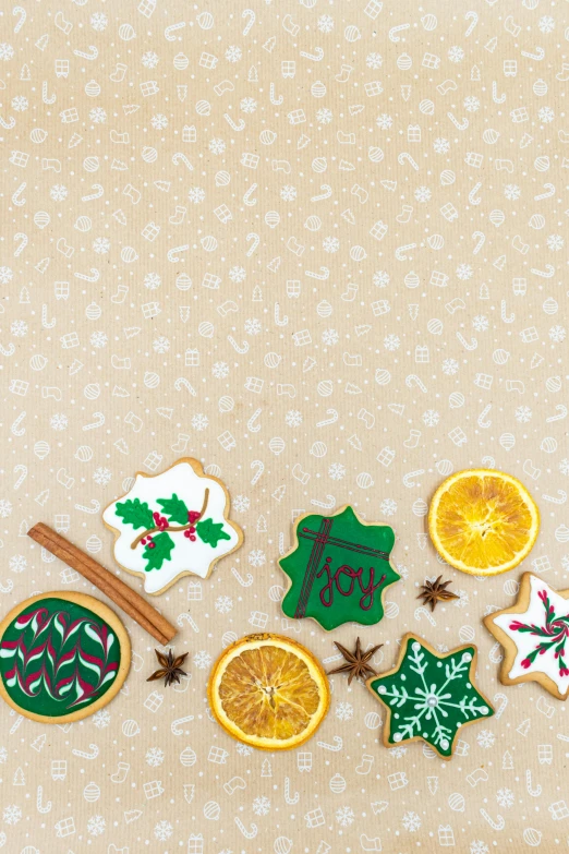 a bunch of cookies sitting on top of a table, a picture, detailed patterned background, thumbnail, premium, merry