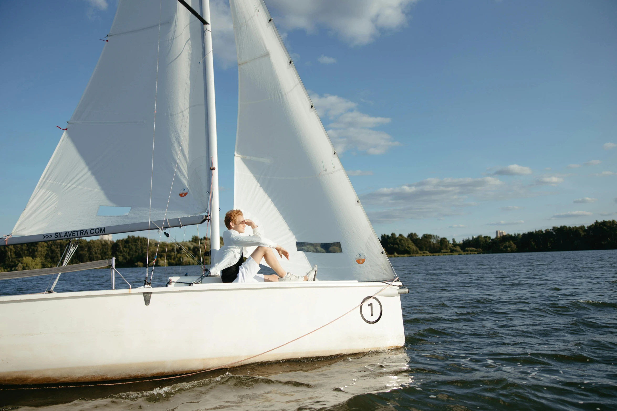 a woman is sitting on a sailboat in the water, by Jan Tengnagel, purism, helsinki, slightly sunny, on a canva, ede laszlo