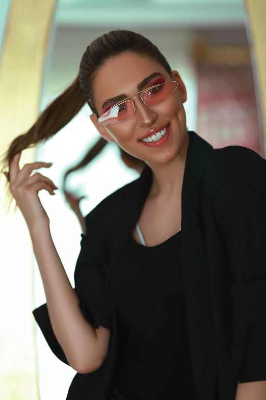 a woman posing for a picture in front of a mirror, red contact lenses, !!wearing modern glasses!!, dramatic smile pose, anastasia ovchinnikova