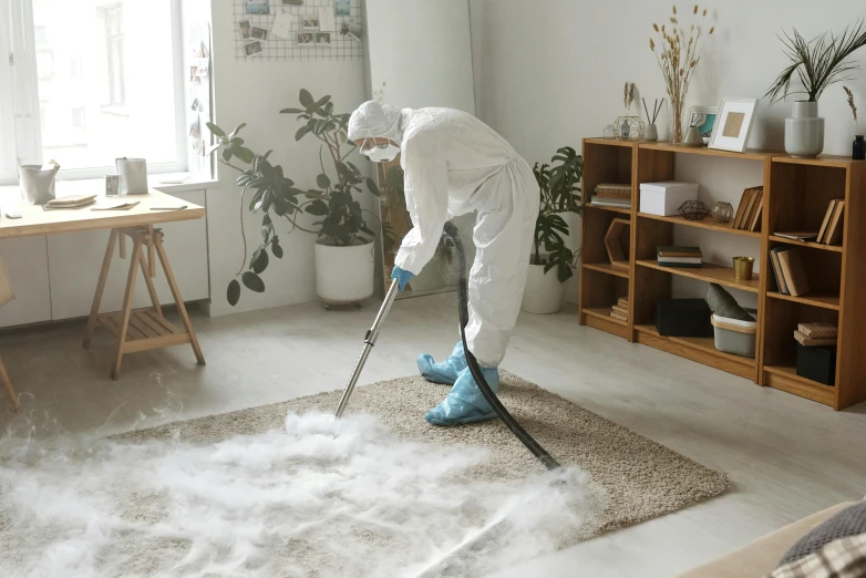 a man in a white suit is cleaning a living room, pexels contest winner, smog on the floor, avatar image, profile image, multi-part
