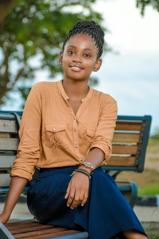 a woman sitting on top of a wooden bench, by Chinwe Chukwuogo-Roy, pexels contest winner, handsome girl, young teen, 15081959 21121991 01012000 4k, headshot portrait