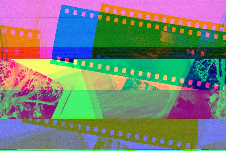 a close up of a film strip on a colorful background, a digital rendering, inspired by Eugène Carrière, flickr, video art, 35mm double exposure, 1 9 6 0 s technicolor, film stills, vhs screencap