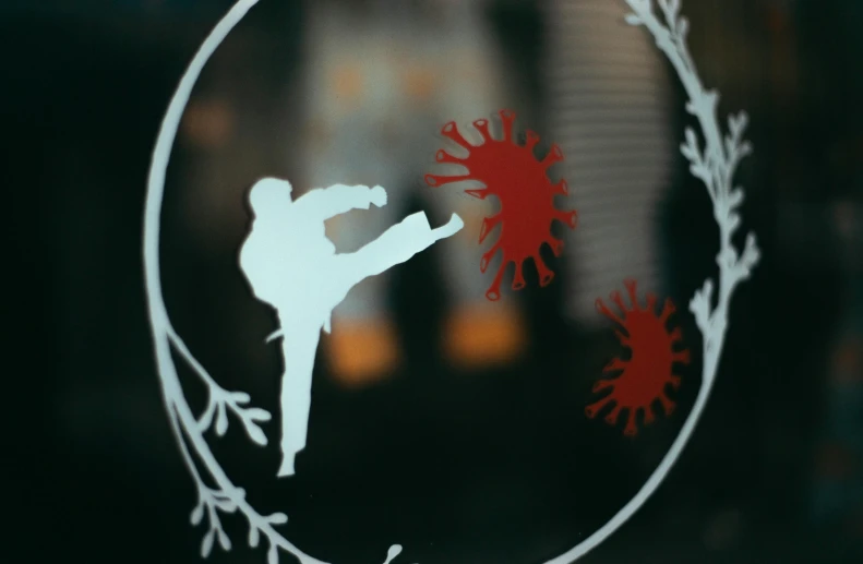 a silhouette of a person kicking a kick in a circle, a cartoon, inspired by Kanō Hōgai, pexels contest winner, street art, looking through frosted glass, stickers, close-up fight, made out of shiny white metal