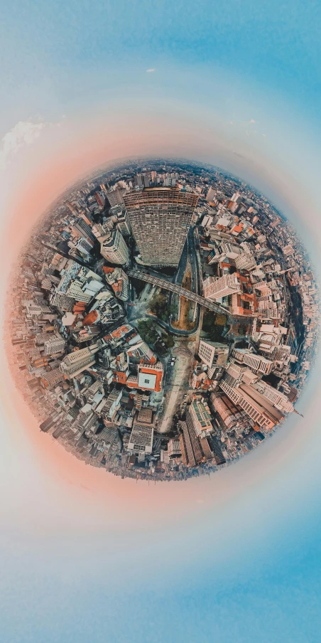 an aerial view of a city from a bird's eye view, an album cover, by Luis Miranda, pexels contest winner, damascus, spherical, panorama shot, ilustration