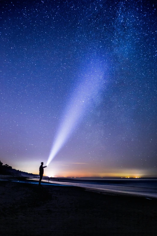 a person standing on a beach under a star filled sky, by Julian Allen, light and space, search lights, flashlight, blue