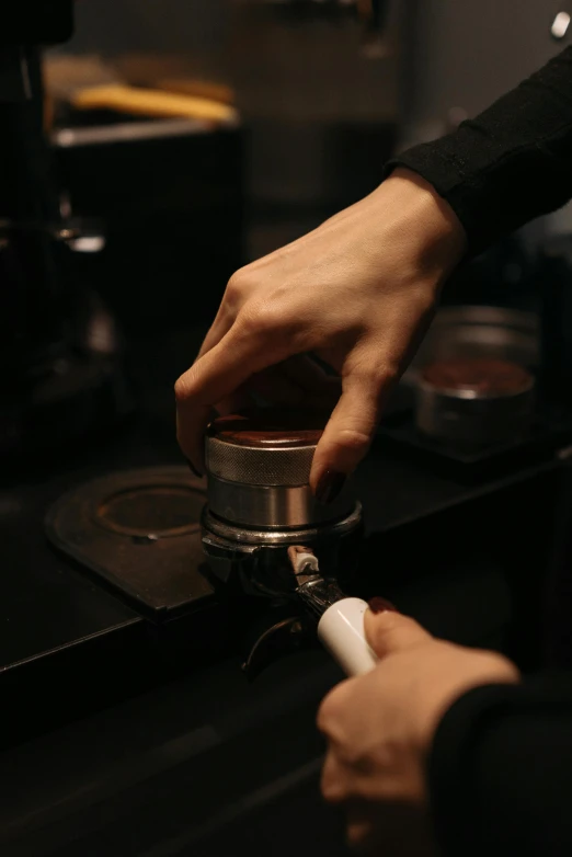 a close up of a person using a blender on a counter, an engraving, by Matthias Stom, trending on unsplash, coffee art, thumbnail, japanese, (night)