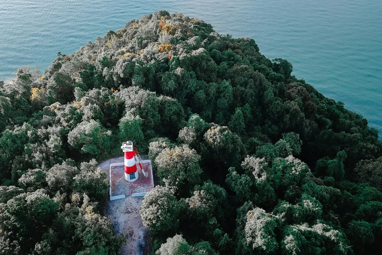 an aerial view of a lighthouse surrounded by trees, by Adam Marczyński, unsplash contest winner, land art, auckland sky tower, an island made of red caviar, thumbnail, high quality upload