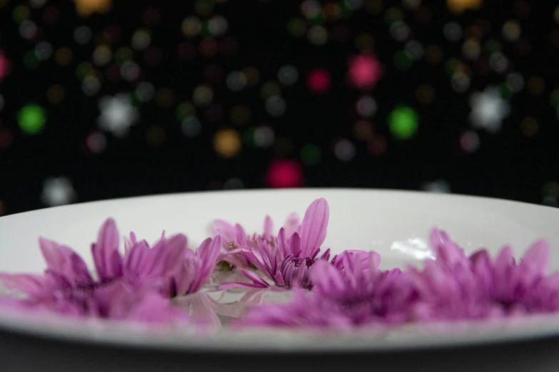 a white bowl filled with purple flowers on top of a table, a macro photograph, inspired by Bruce Munro, pexels contest winner, floating among stars, food commercial 4 k, chrysanthemum eos-1d, on a plate