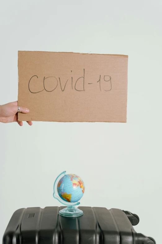 a person holding a sign in front of a suitcase, covid, large globe, cardboard, pivix