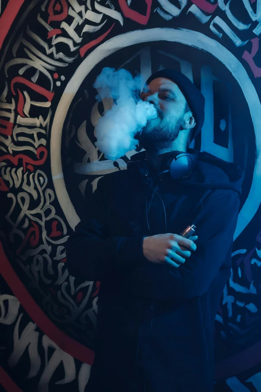 a man in a black coat smoking a cigarette, poster art, by Adam Marczyński, pexels contest winner, smoking a bowl of hash together, islamic, rave otufit, holding a small vape